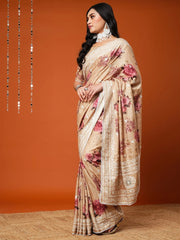 Exquisite Cream Floral Print Dola Silk Saree - The Dori Store
