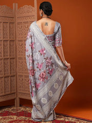 Exquisite Grey Floral Print Dola Silk Saree - The Dori Store