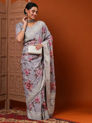 Exquisite Grey Floral Print Dola Silk Saree - The Dori Store