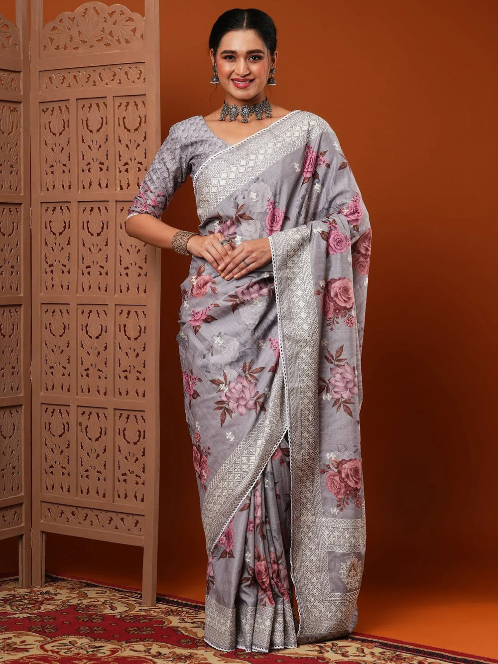 Exquisite Grey Floral Print Dola Silk Saree - The Dori Store
