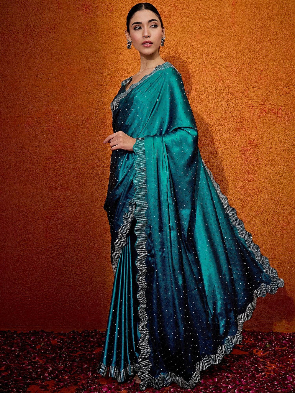 Timeless Teal Blue Satin Digital Print Saree - The Dori Store