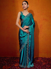 Timeless Teal Blue Satin Digital Print Saree - The Dori Store