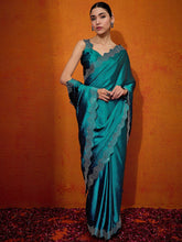 Timeless Teal Blue Satin Digital Print Saree - The Dori Store