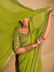 Parrot Green Partywear Bandhani Georgette Saree - The Dori Store
