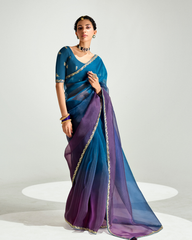 Blue & Purple Organza Tissue Party Wear Saree