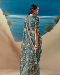 Blue Satin Organza Party Wear Saree