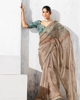 Grey Glass Tissue Organza Party Wear Saree