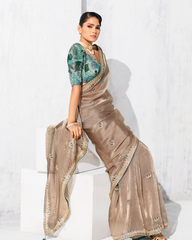Grey Glass Tissue Organza Party Wear Saree