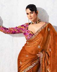 Brown Glass Tissue Organza Party Wear Saree
