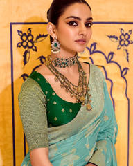 Light Blue Crepe Silk Designer Saree