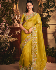 Yellow Tissue Organza Designer Saree