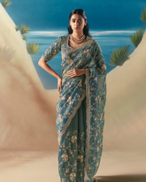 Blue Satin Organza Party Wear Saree