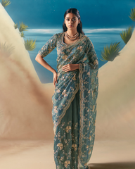 Blue Satin Organza Party Wear Saree