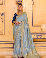 Light Blue Crepe Silk Designer Saree