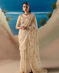 Ivory Satin Organza Designer Saree