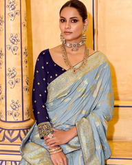 Light Blue Crepe Silk Designer Saree