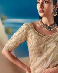 Ivory Satin Organza Designer Saree