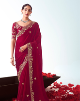 Red Handwork Embroidery Designer Saree