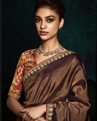 Brown Sequin Work Party Wear Saree