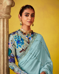 Light Blue Party Wear Glass Tissue Saree