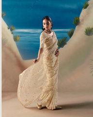 Ivory Satin Organza Designer Saree