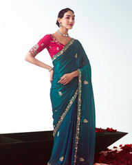 Blue Handwork Embroidery Designer Saree