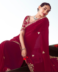 Red Handwork Embroidery Designer Saree
