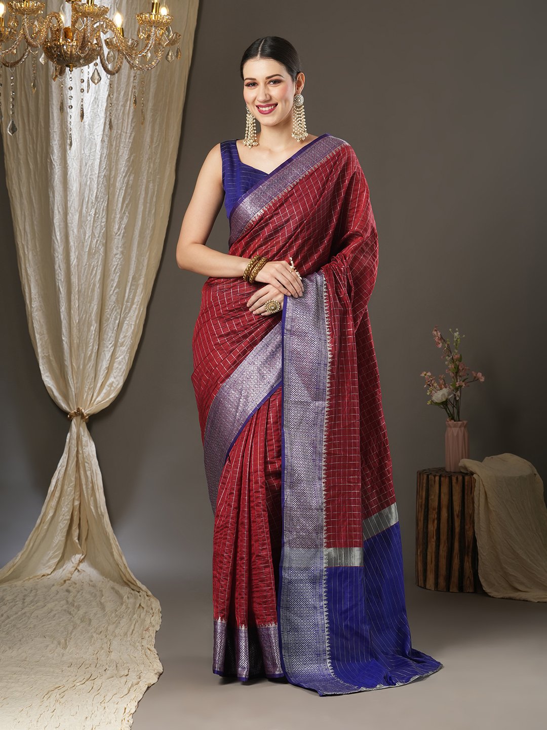 Maroon Rust Taant Aura Silk Woven Saree