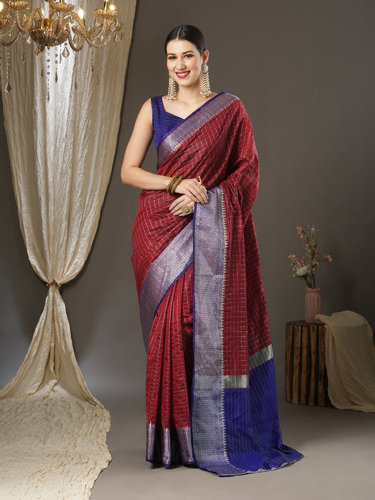 Maroon Rust Taant Aura Silk Woven Saree