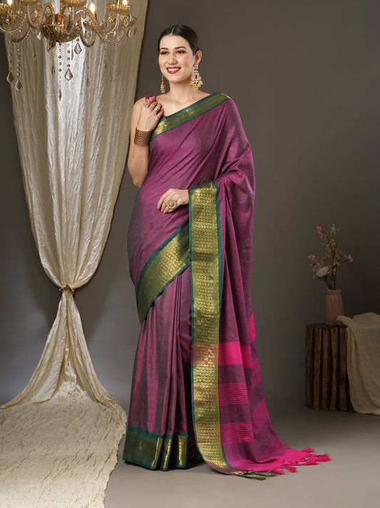 Pink Pink Taant Aura Silk Woven Saree