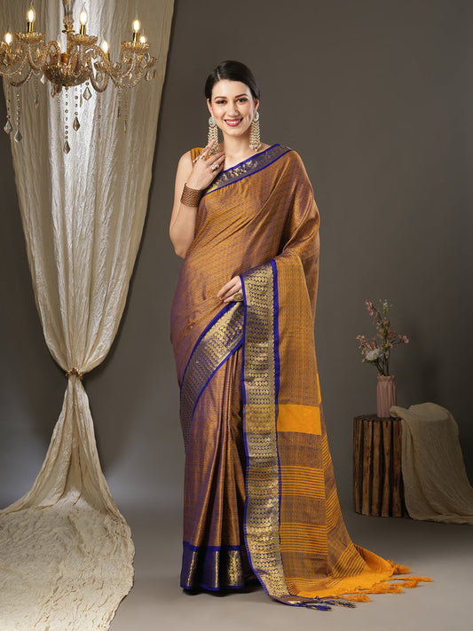 Yellow Mustard Taant Aura Silk Woven Saree