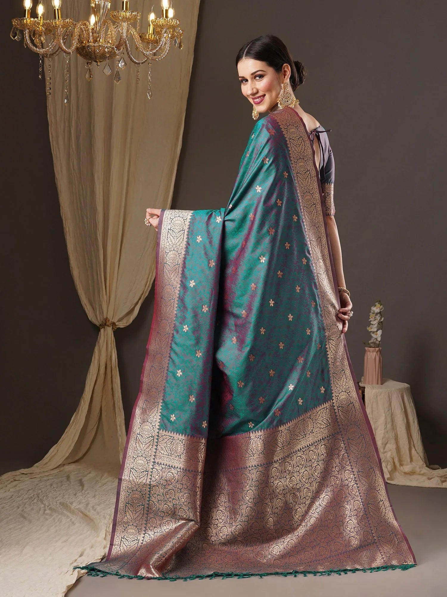 Ethnic Teal Blue Kanjeevaram Silk Saree - The Dori Store
