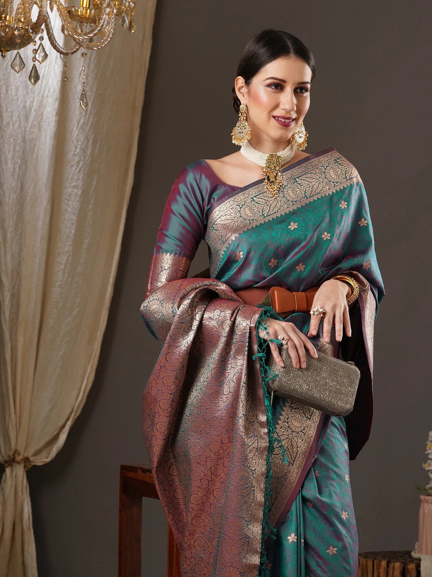 Ethnic Teal Blue Kanjeevaram Silk Saree - The Dori Store