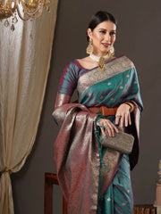 Ethnic Teal Blue Kanjeevaram Silk Saree - The Dori Store