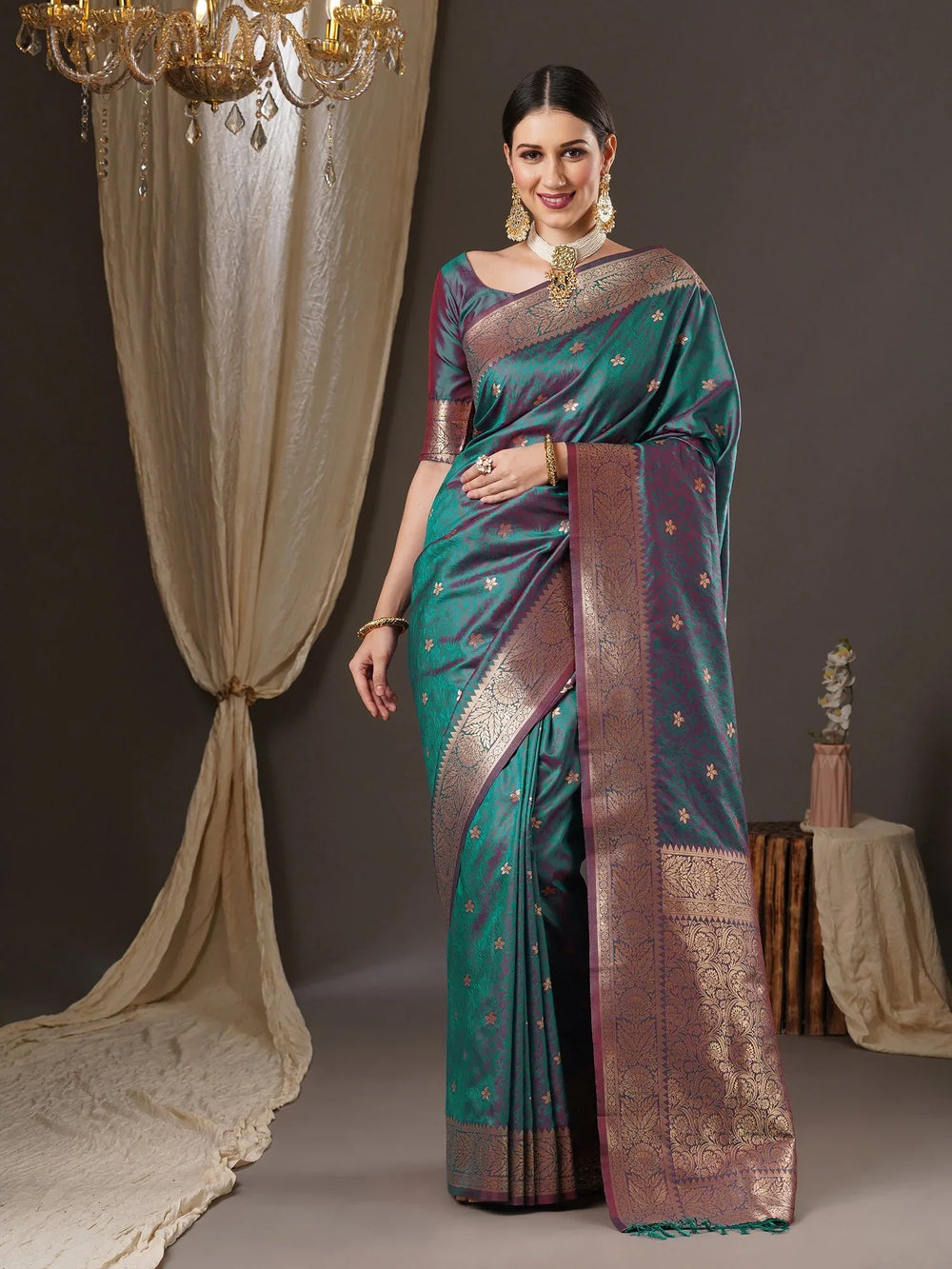 Ethnic Teal Blue Kanjeevaram Silk Saree - The Dori Store
