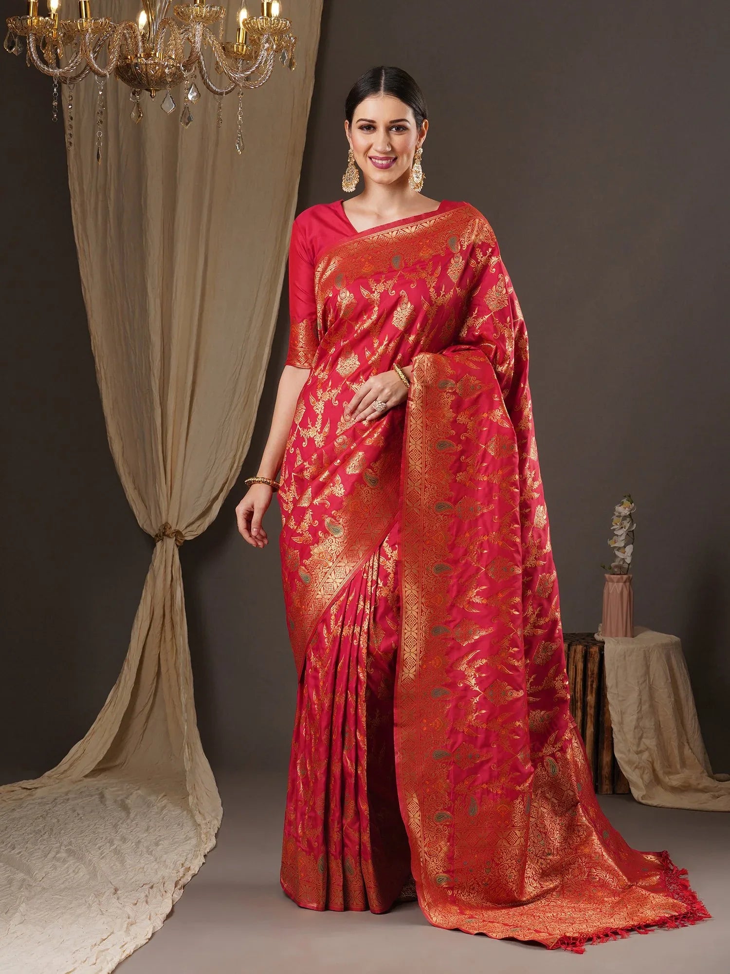 Opulent Pink Banarasi Silk Saree - The Dori Store