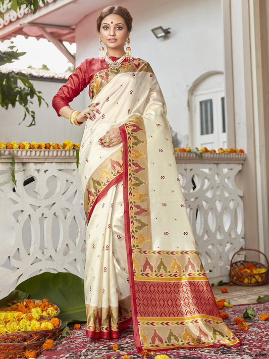 White OffWhite Banarasi Silk Blend Printed Saree