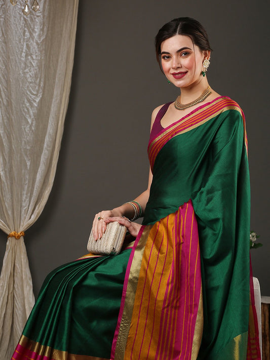 Green Green Taant Aura Silk Woven Saree