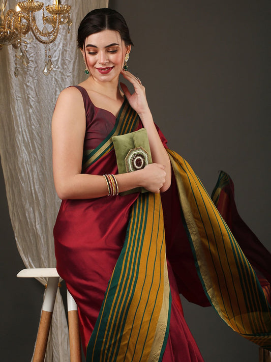 Maroon Maroon Taant Aura Silk Woven Saree