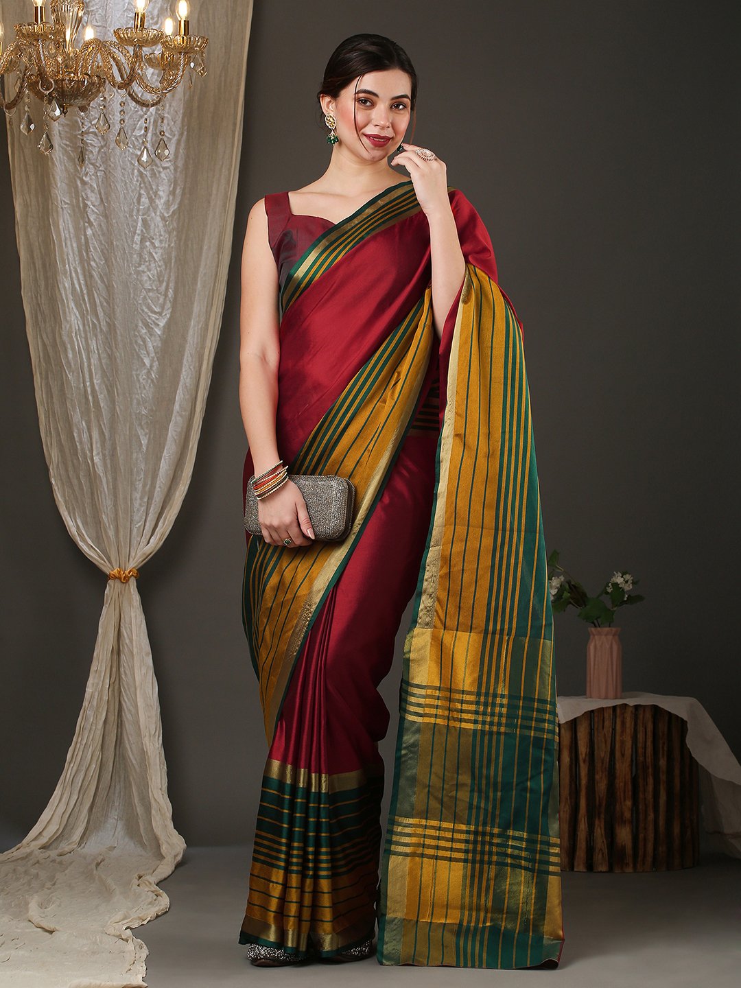 Maroon Taant Aura Silk Woven Saree