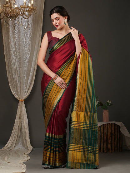 Maroon Taant Aura Silk Woven Saree