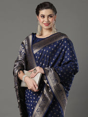 Ethnic Navy Blue Festive Silk Saree - The Dori Store