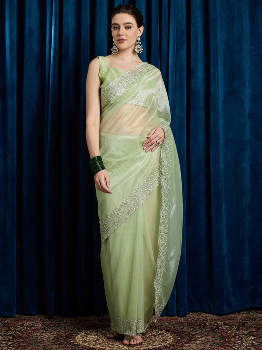 Green Light Party Wear Net Embroidered Saree