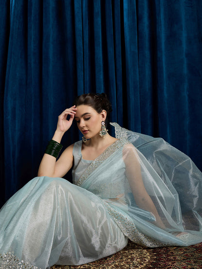 Light Party Wear Net Embroidered Saree