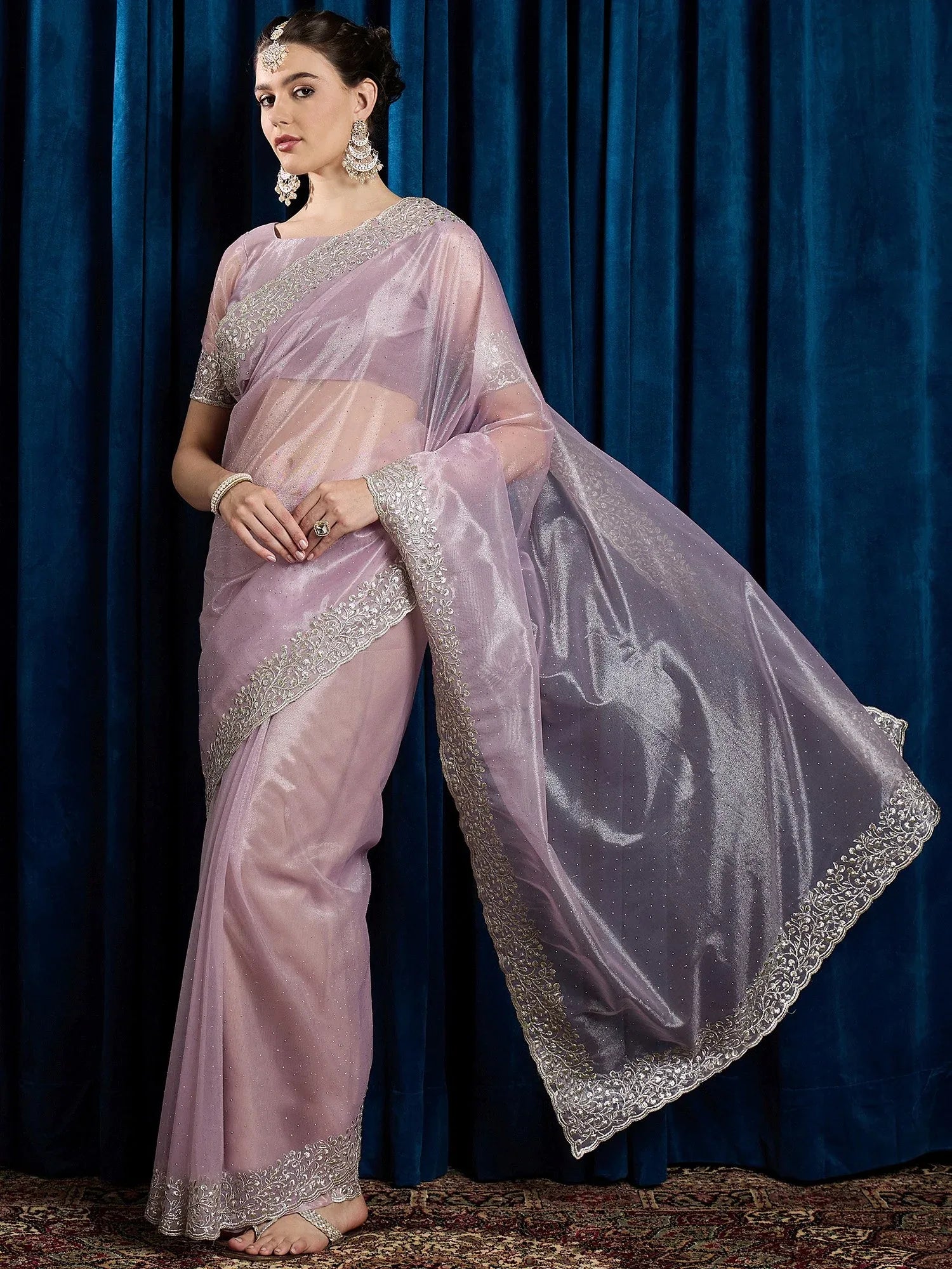 Lavendar Party Wear Net Embroidered Saree