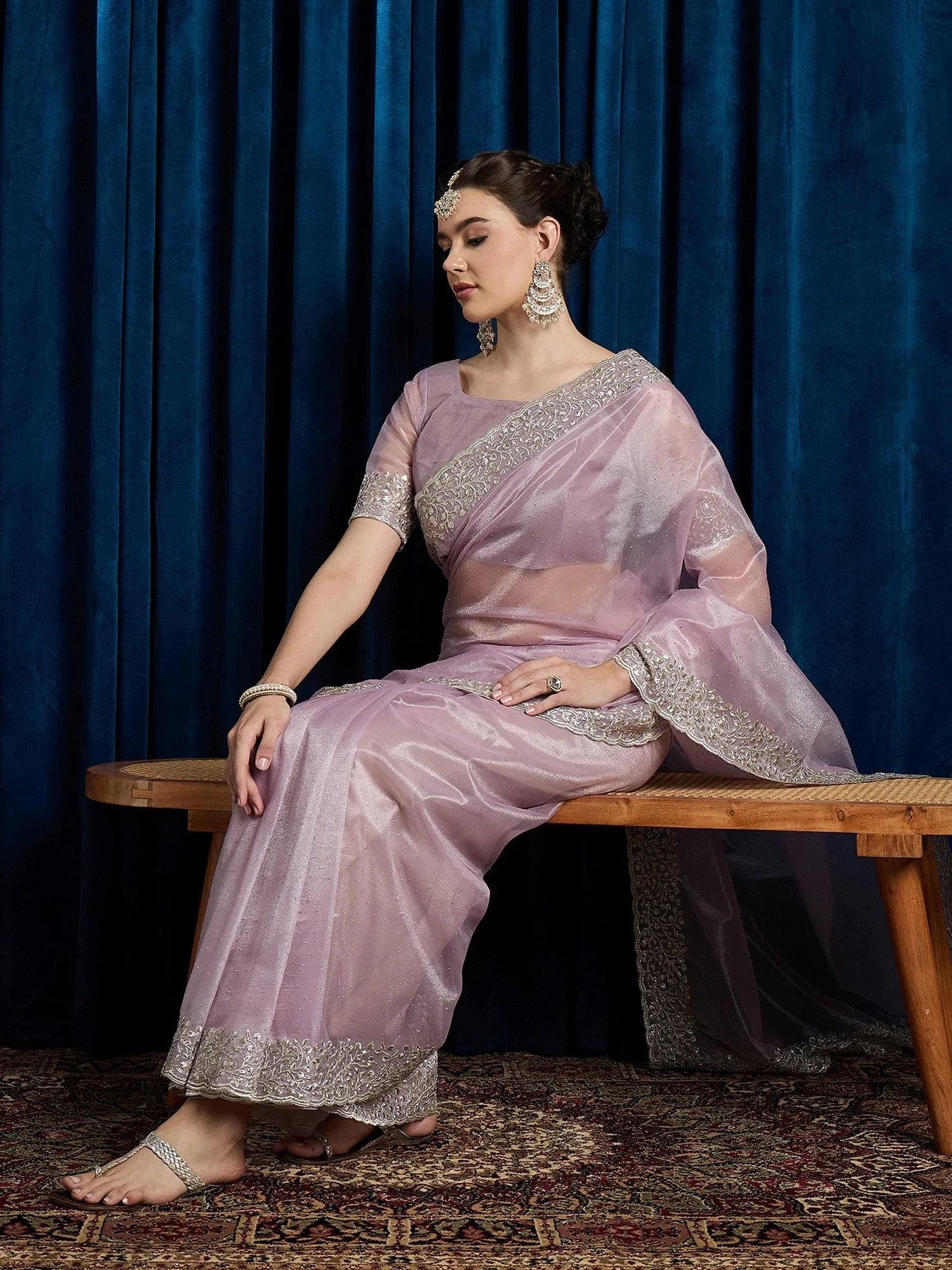 Lavendar Party Wear Net Embroidered Saree