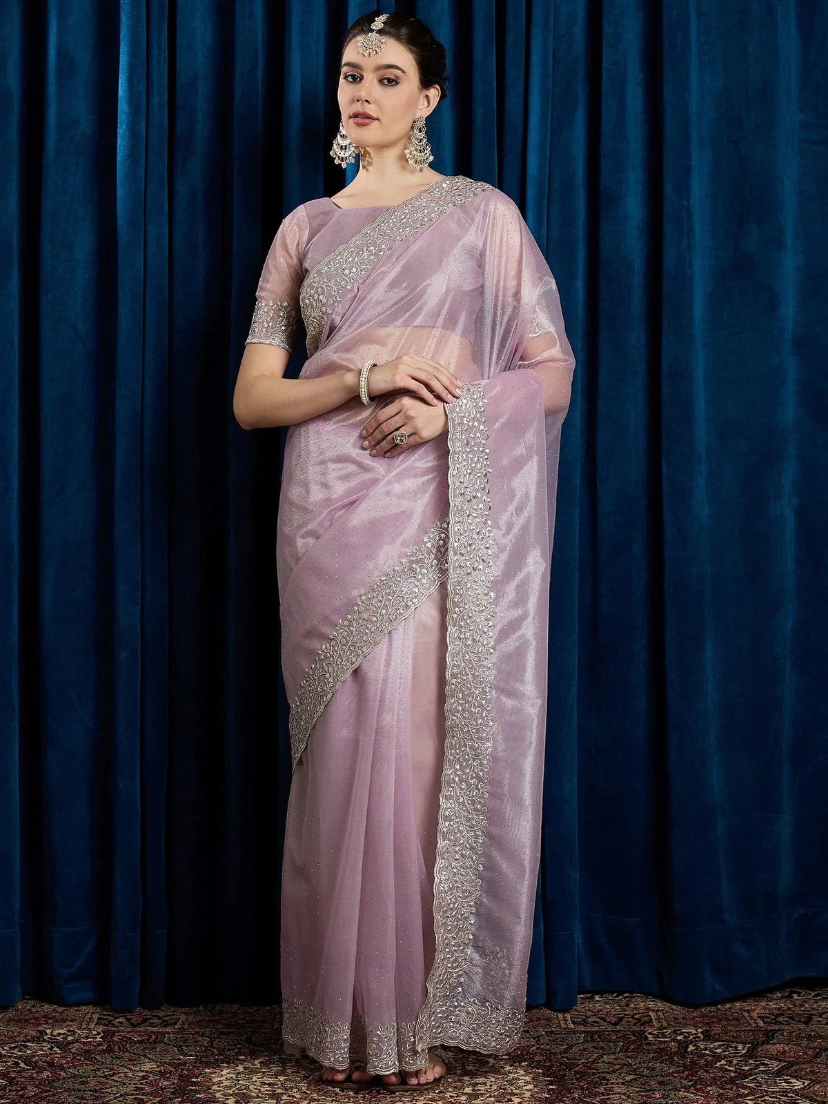 Lavender Lavendar Party Wear Net Embroidered Saree