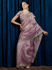 Lavendar Party Wear Paper Silk Embroidered Saree