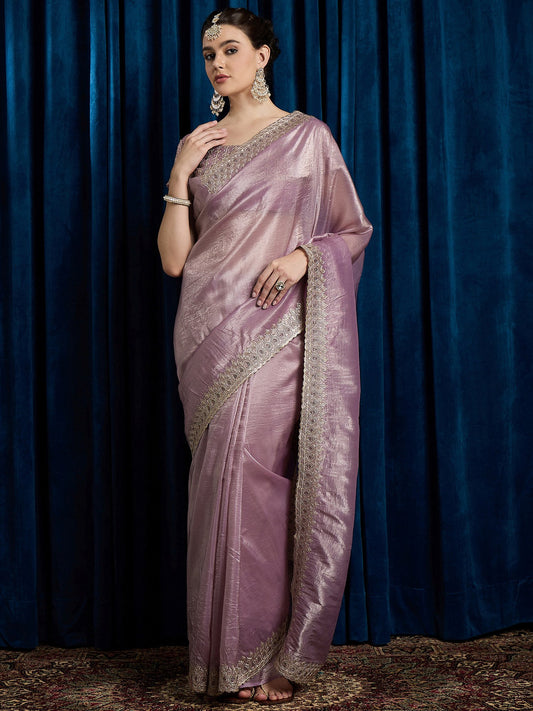 Lavender Lavendar Party Wear Paper Silk Embroidered Saree