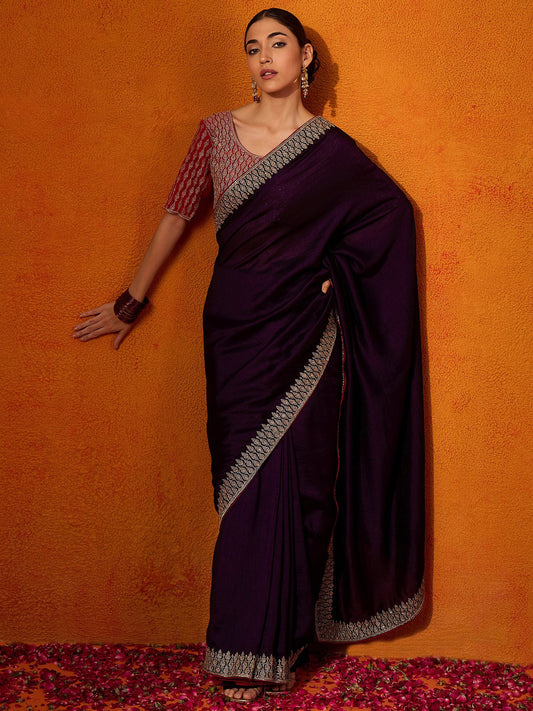 Purple Purple Party Wear Vichitra Silk Embroidered Saree
